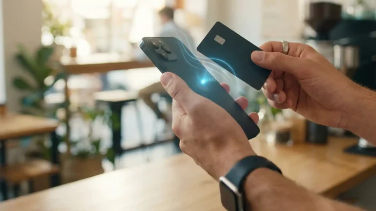 Pessoa transformando celular em maquininha de cartão usando tecnologia NFC Tap to Pay